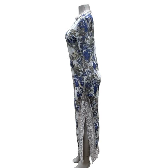 Intimately Free People Nightgown Large Blue Floral Lace Side Slit Long Sleeve - Picture 9 of 15
